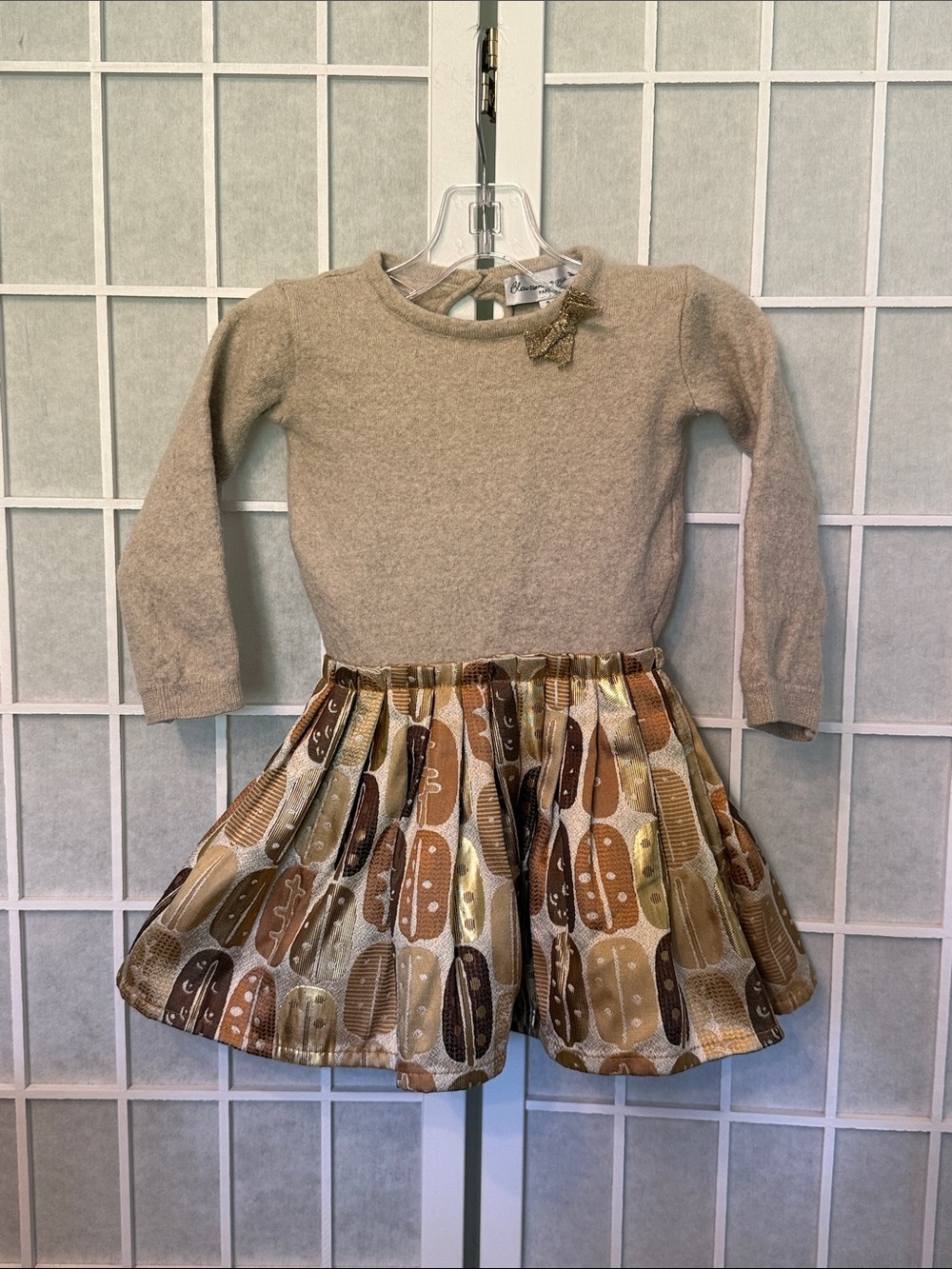 Bleu Comme Gris Girls' Cream & Brown Knit Dress with Patterned Skirt Size 3
